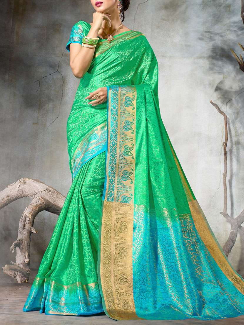 green woven saree with blouse
