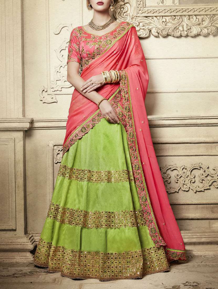 green silk flared lehenga