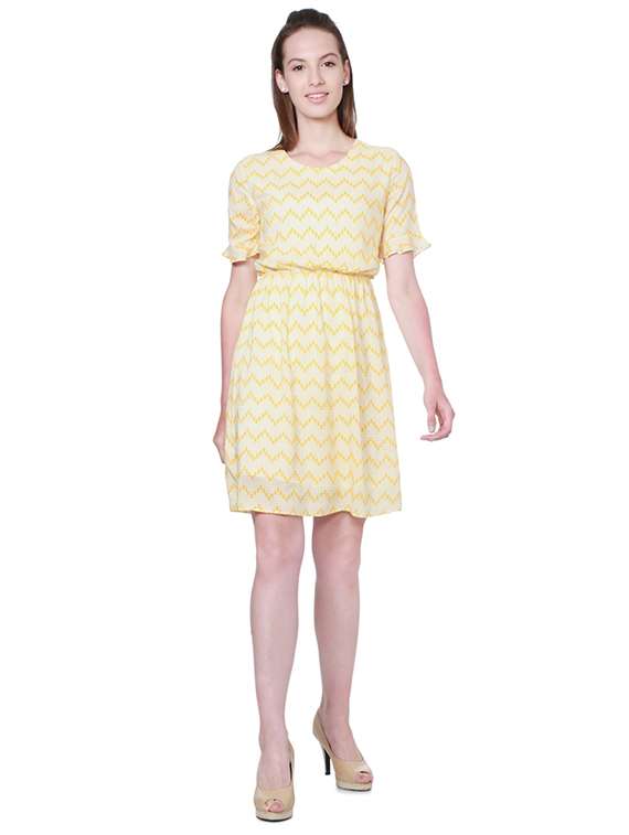 yellow chevron printed modal blouson dress