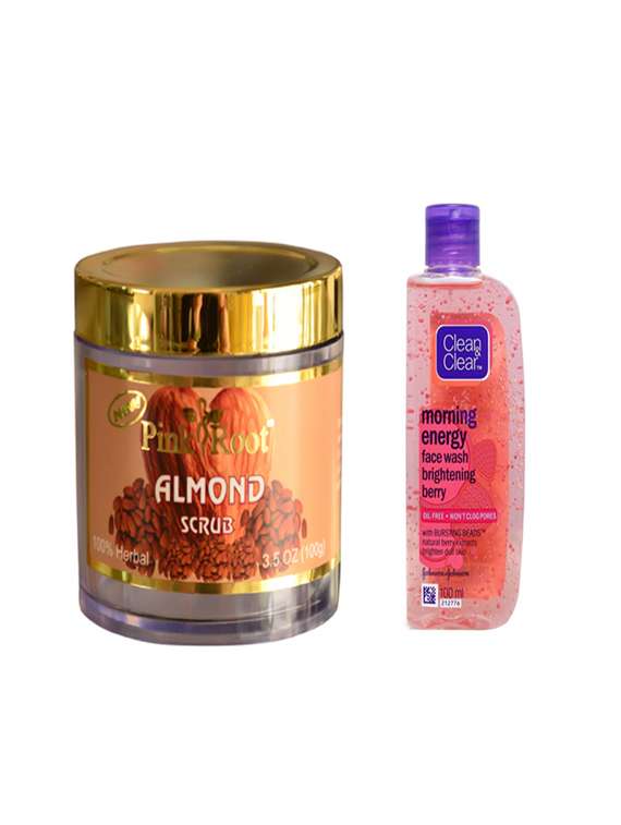 pink root almond scrub with clean & clear morning energy face wash brightening berry