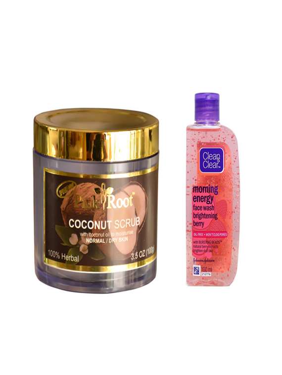 pink root coconut scrub with clean & clear morning energy face wash brightening berry 