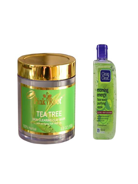 pink root tea tree skin clearing clay mask  with clean & clear morning energy face wash purifying apple 