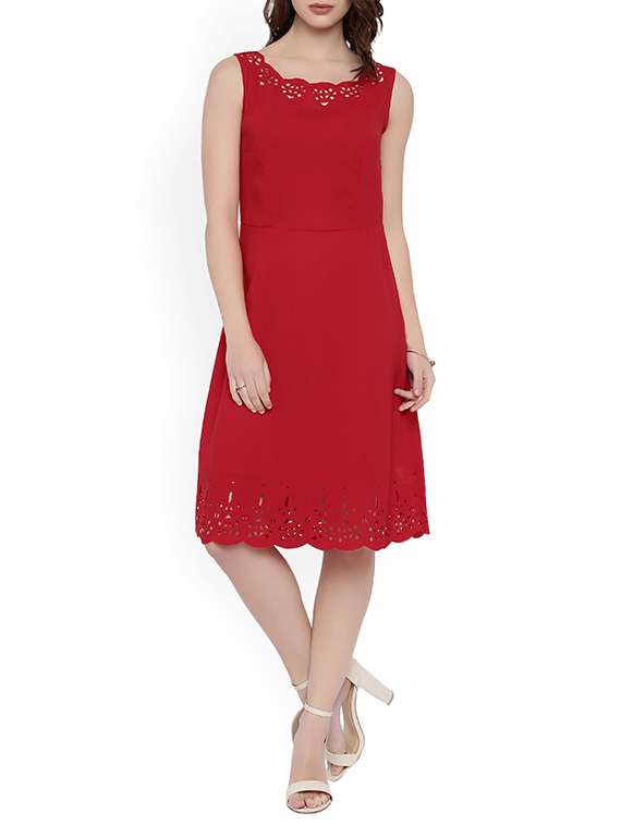 solid red cutwork a-line dress
