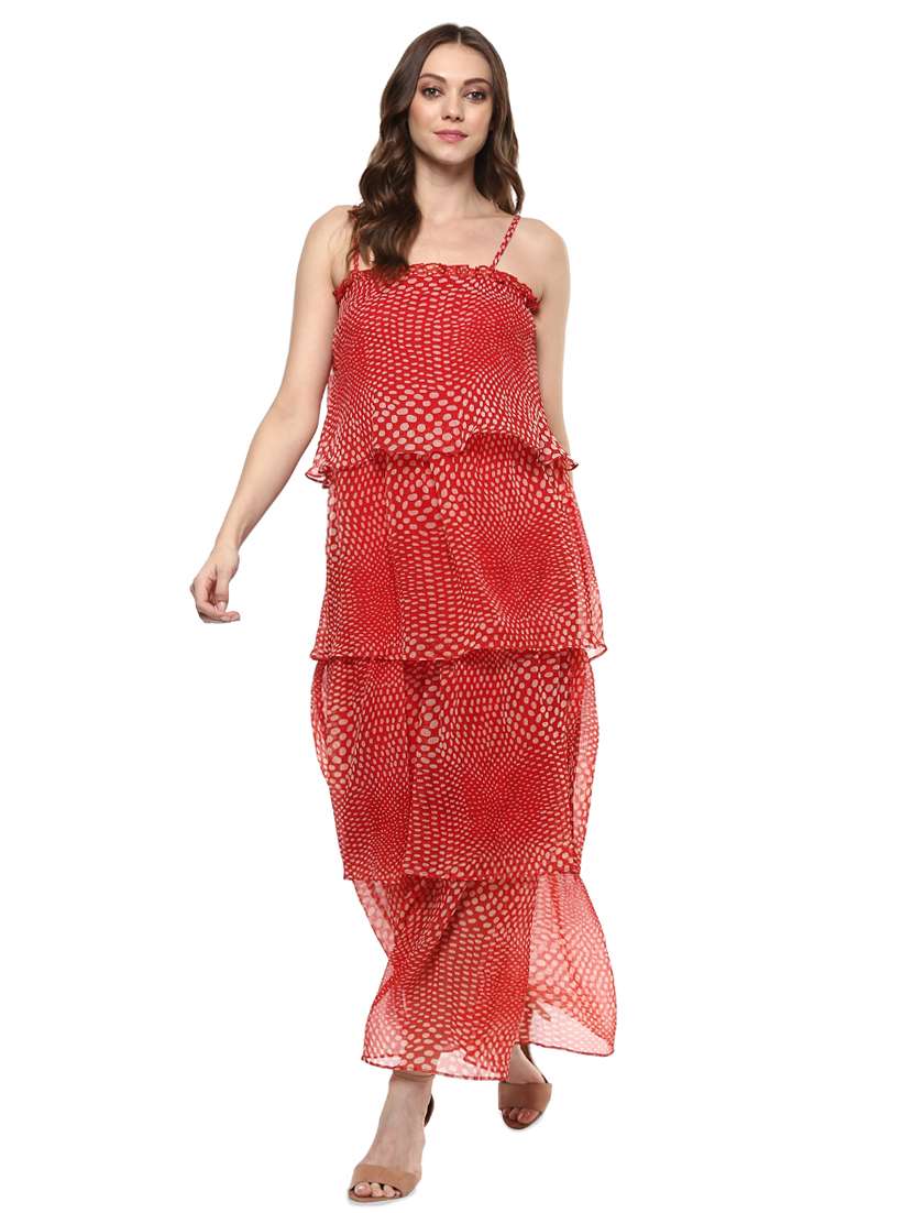 red poly chiffon layered dress