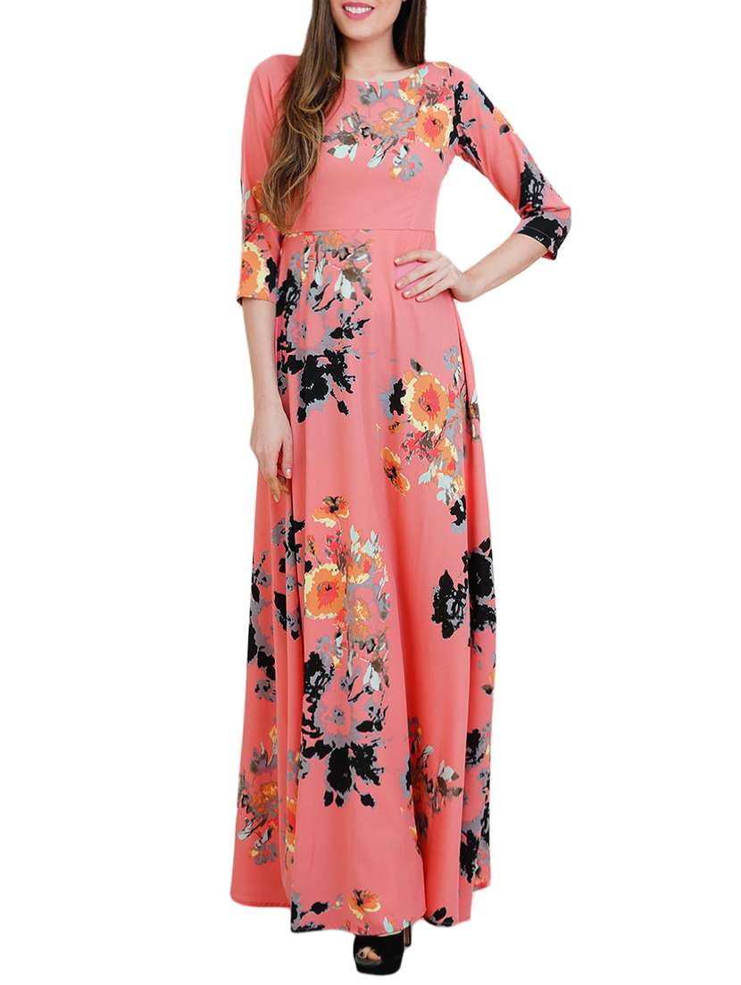 boat neck floral flared maxi dress