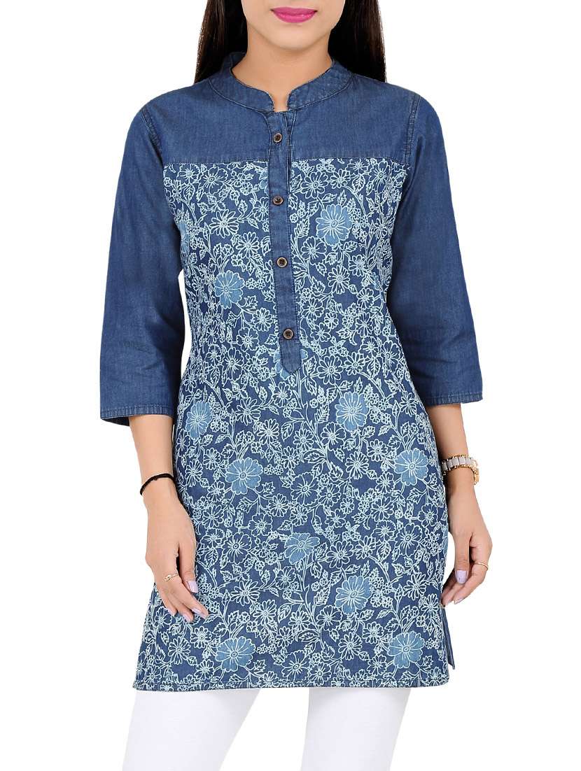 blue color  denim three quarter  straight kurti