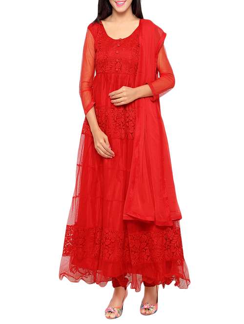 red net un-stitched dress material - 14348457 - Standard Image - 0