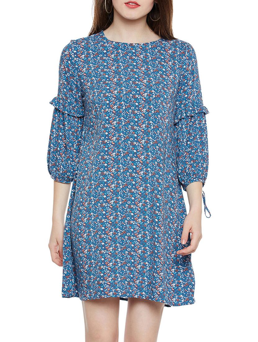 blue floral printed viscose a-line dress - 14349896 - Standard Image - 1