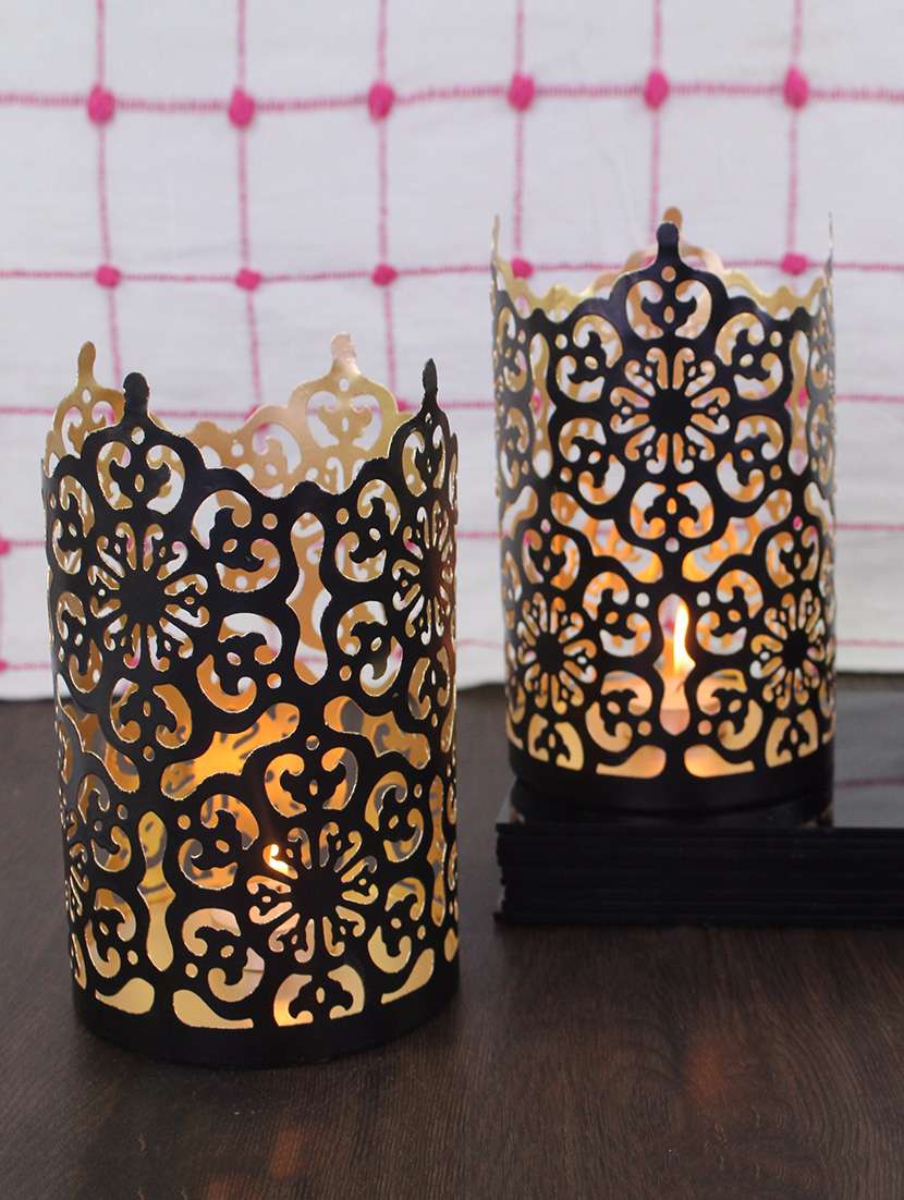 hosley set of 2 black-gold metal sleeve - with free 6 unscented tealights