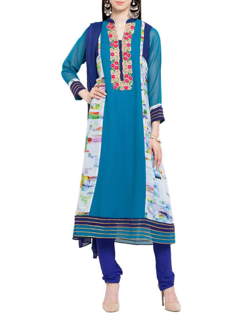 blue stitched flared suit