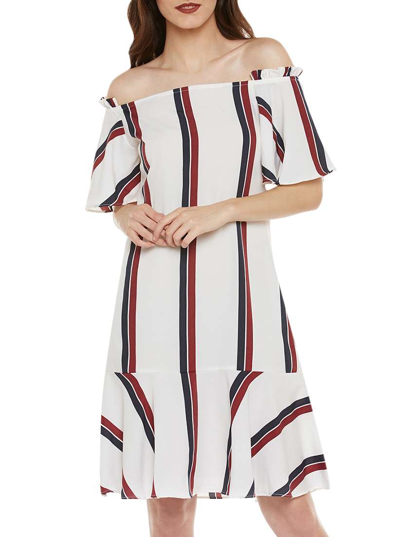 white striped crepe drop waist dress