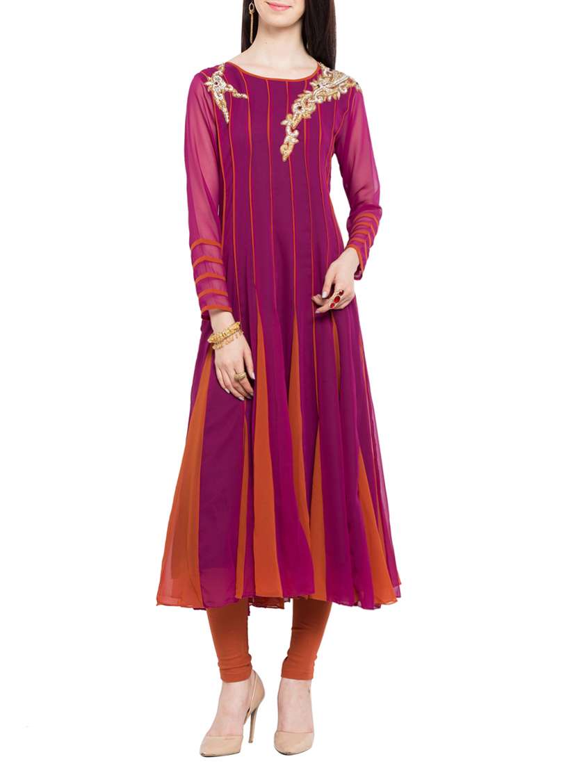 purple stitched flared suit
