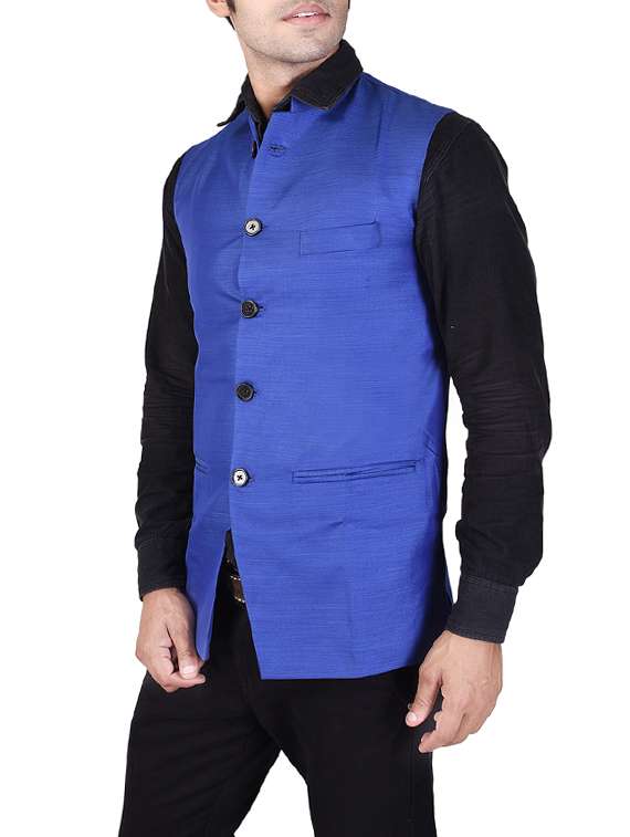 blue cotton nehru jacket - 14361339 -  Standard Image - 1