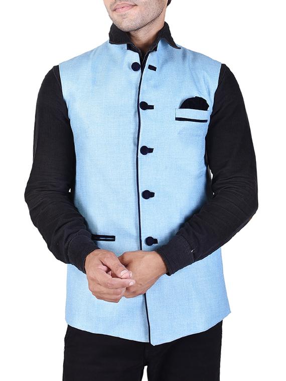 light blue khadi nehru jacket - 14361349 - Zoom Image - 0