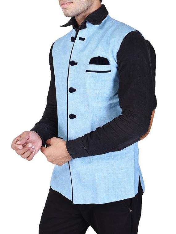 light blue khadi nehru jacket - 14361349 - Standard Image - 1