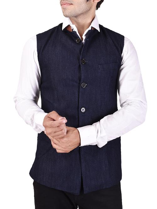 blue cotton nehru jacket - 14361374 - Standard Image - 0