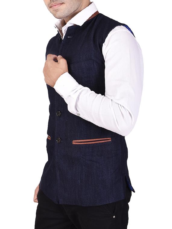 blue cotton nehru jacket - 14361374 - Standard Image - 1