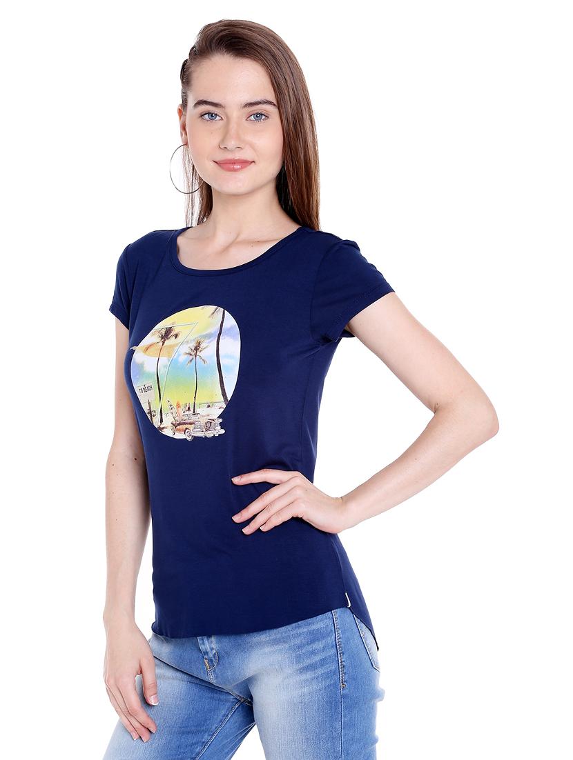 navy blue printed viscose regular tee - 14367825 - Standard Image - 1