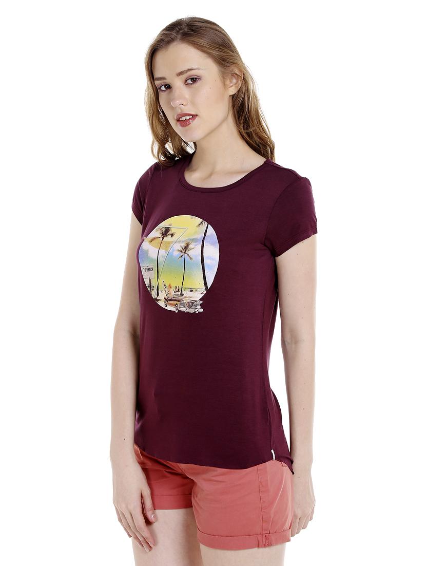 maroon printed viscose regular tee - 14367826 - Standard Image - 1