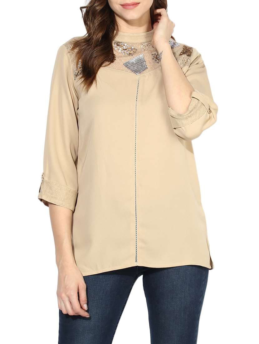 mock neck embellished panel top