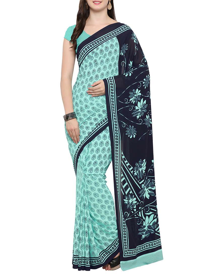 green printed saree with blouse