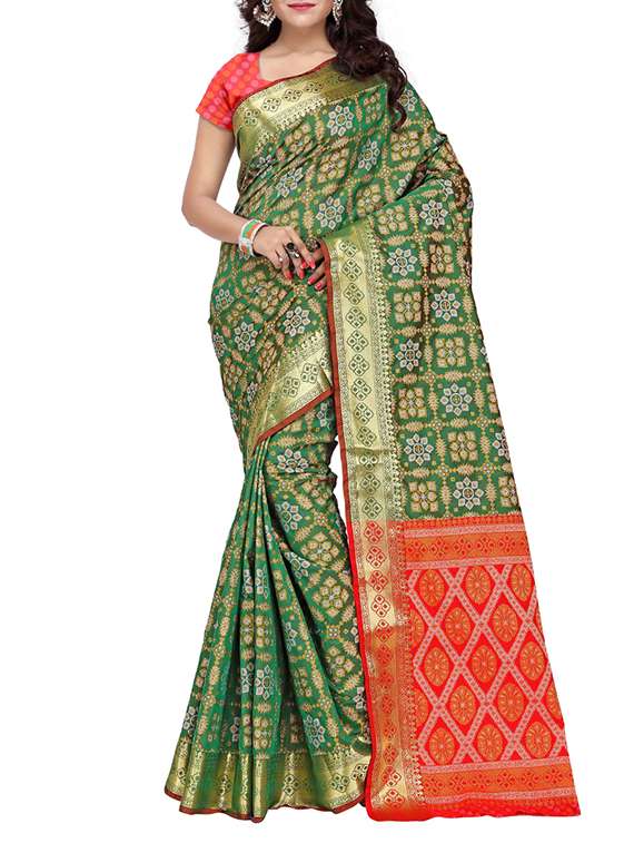 green silk blend patola saree with blouse