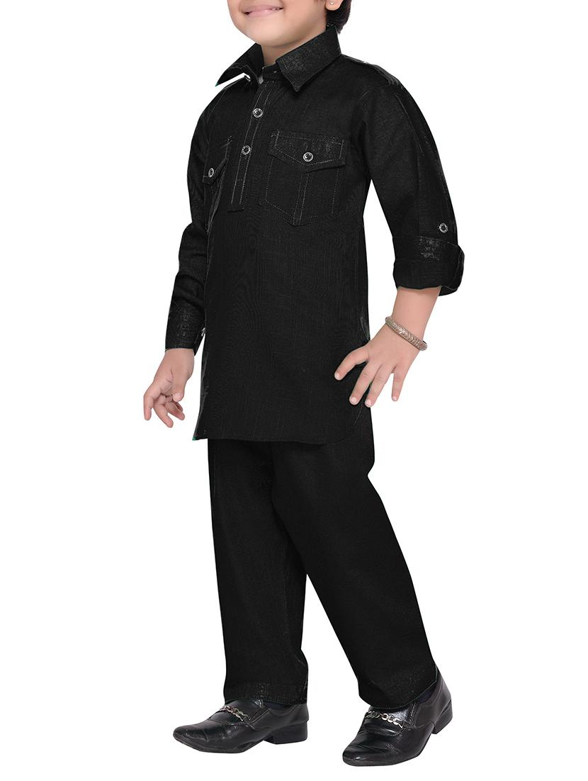 black cotton pathani suit set - 14375232 - Standard Image - 1