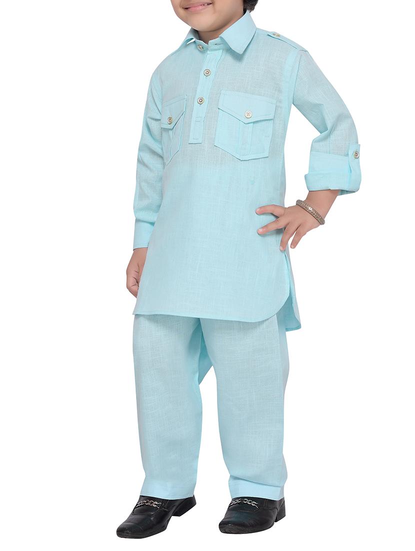 light blue cotton pathani kurta set - 14375235 - Standard Image - 1