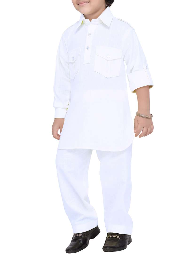 solid white cotton pathani kurta set - 14375236 - Standard Image - 1