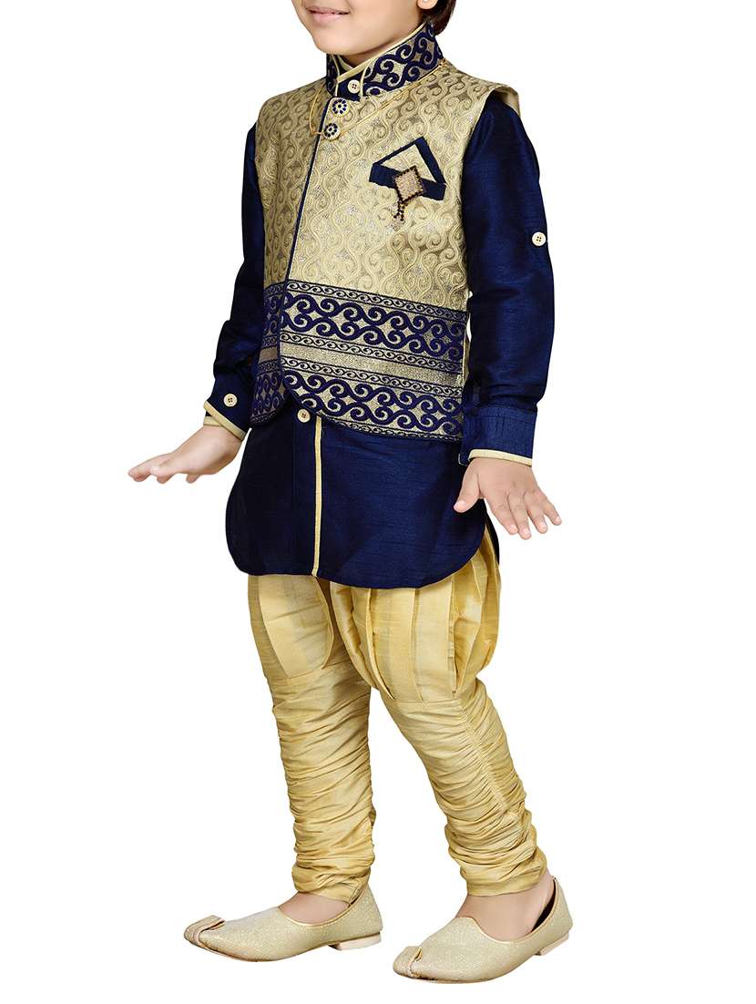 blue silk blend kurta, pyjama & waistcoat set - 14375251 -  Standard Image - 1