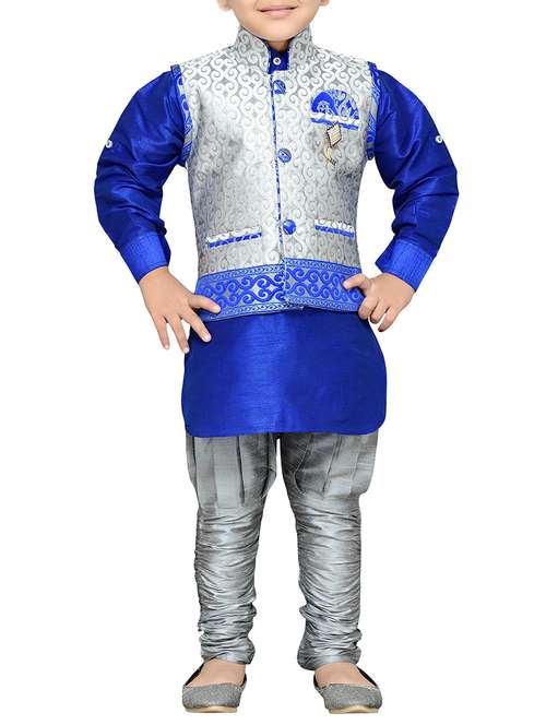 grey silk blend kurta, pyjama & waistcoat set - 14375252 -  Standard Image - 0