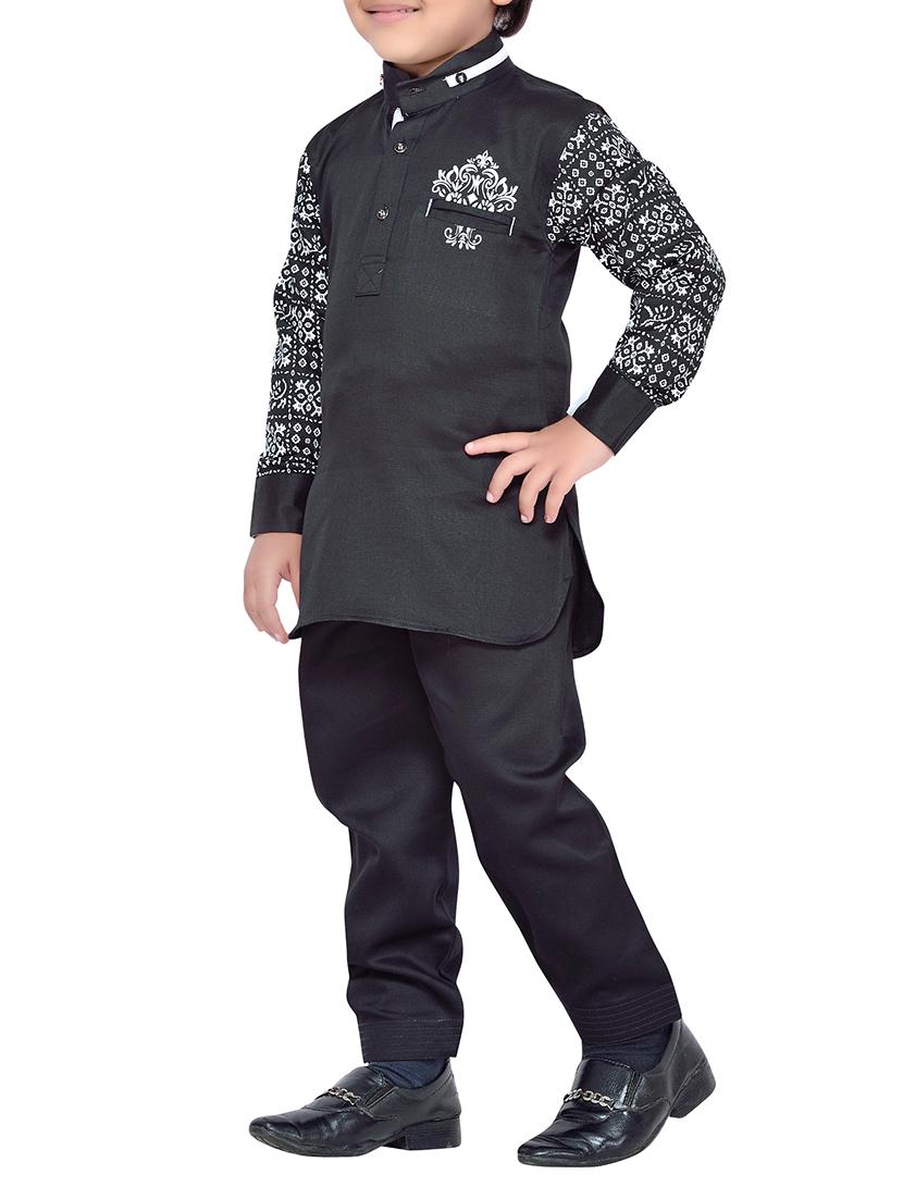 black cotton kurta, pyjama & waistcoat set - 14375265 - Standard Image - 1