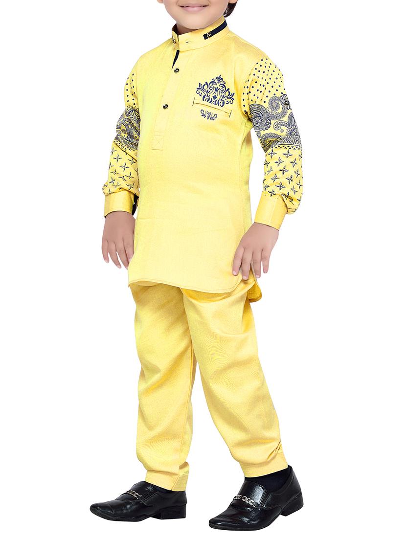 yellow cotton kurta, pyjama & waistcoat set - 14375267 -  Standard Image - 1