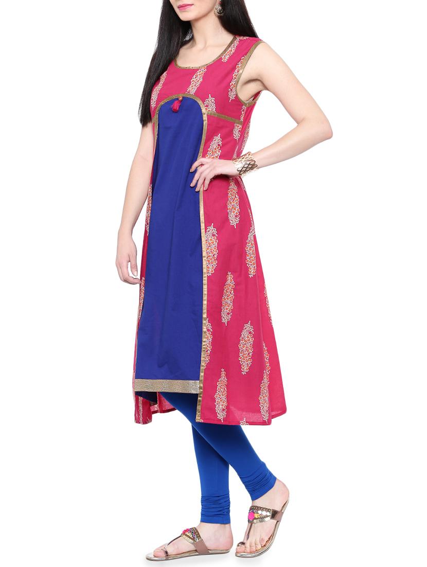 pink & blue cotton a-line kurta - 14377349 - Standard Image - 1