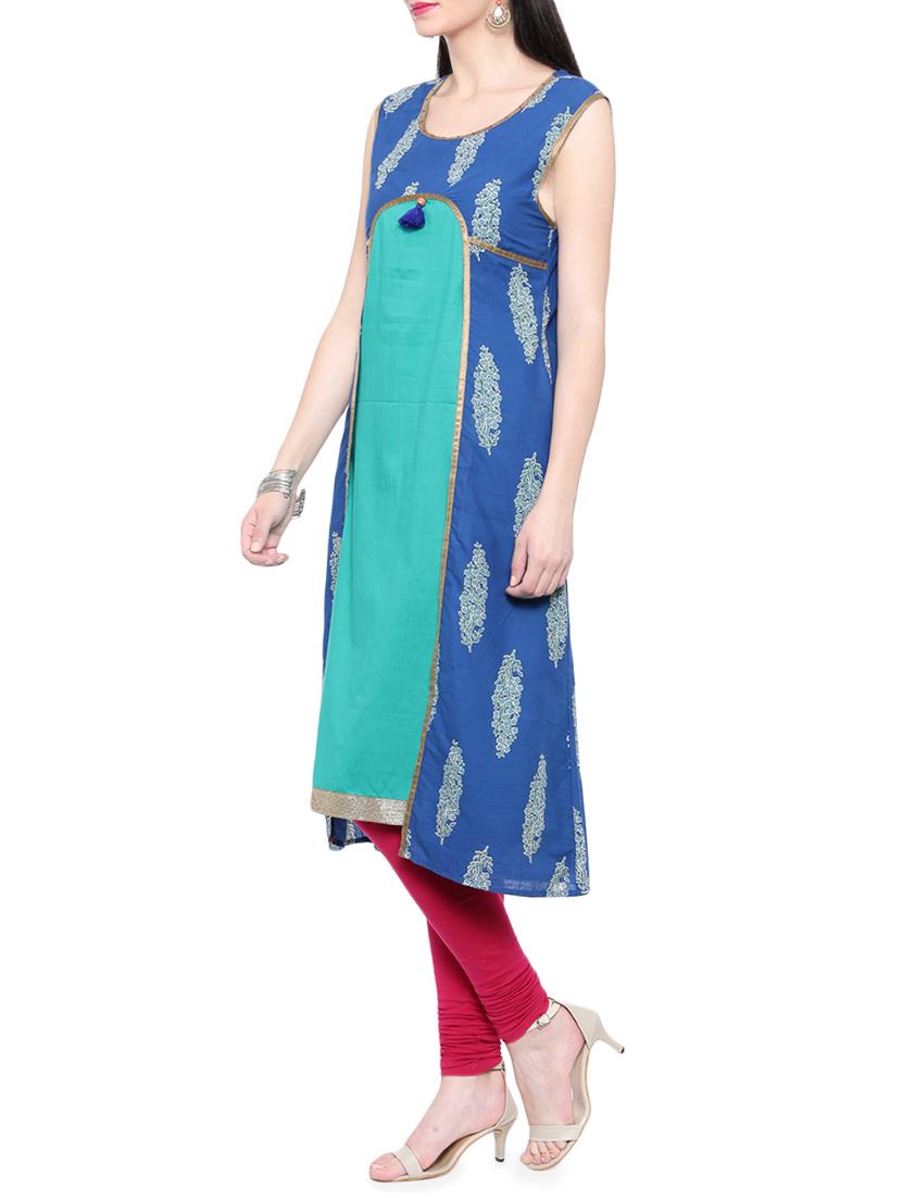 blue & turquoise cotton a-line kurta - 14377350 - Standard Image - 1