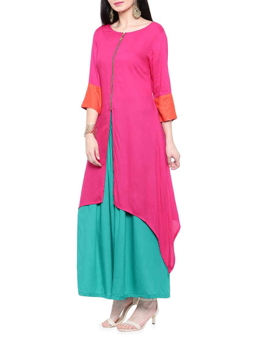 pink rayon asymmetric solid kurta - 14377386 -  Standard Image - 1