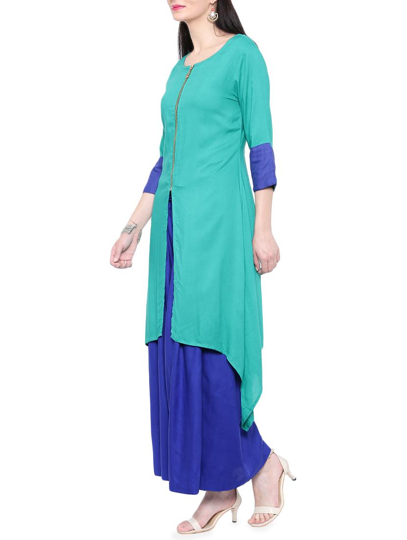 turquoise rayon asymmetric solid kurta - 14377387 -  Standard Image - 1