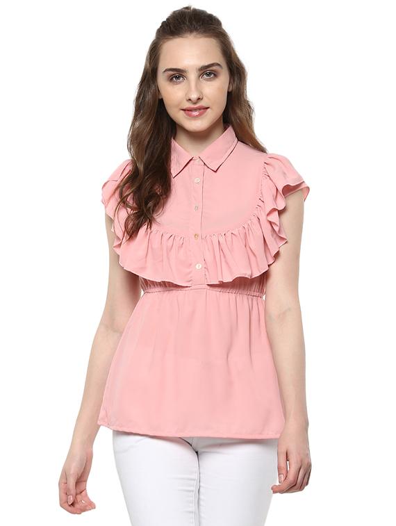 pink poly blend ruffle top - 14381052 -  Zoom Image - 0