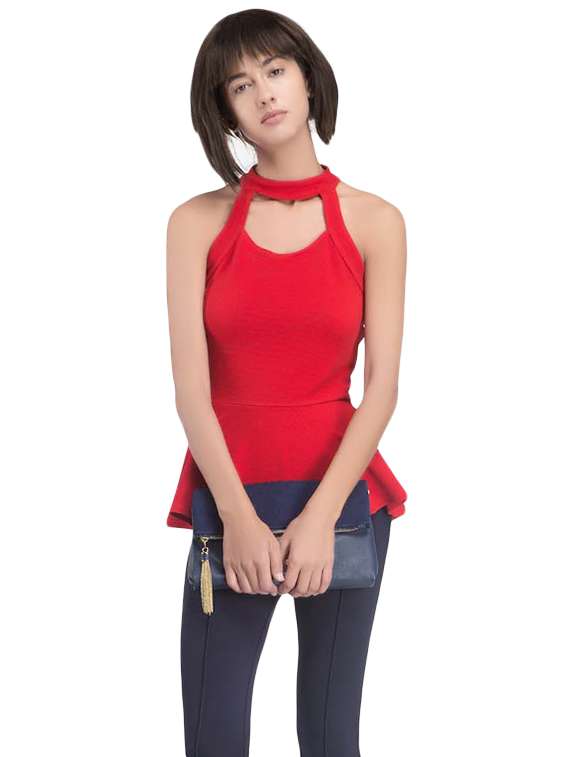 red choker neck peplum top