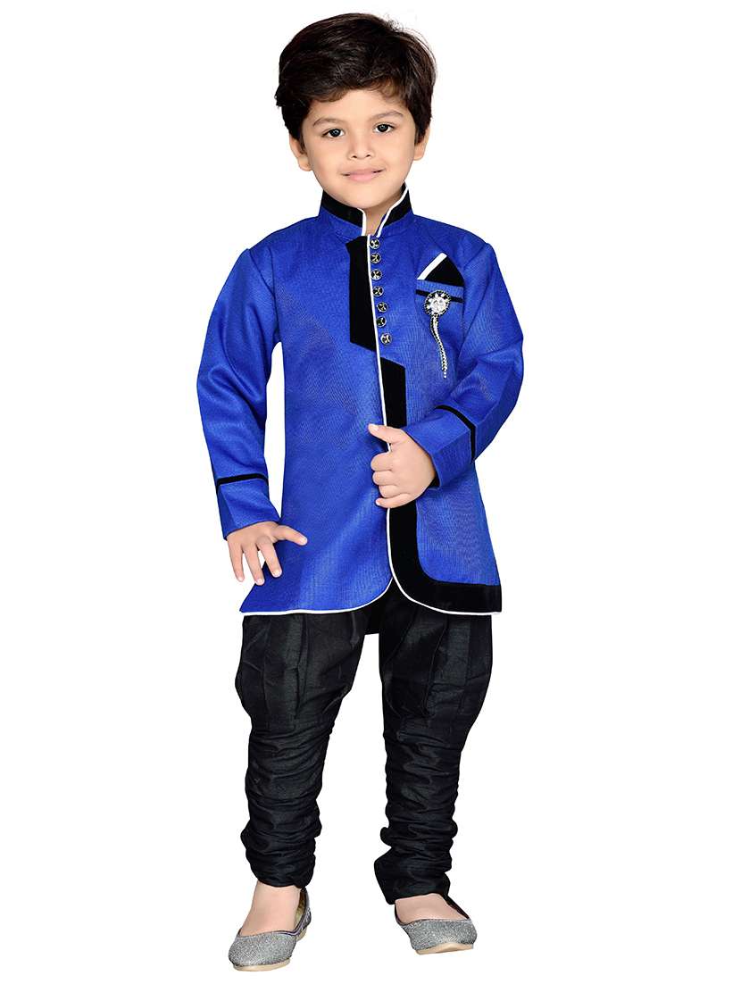 blue cotton blend sherwani sets - 14405594 - Standard Image - 1