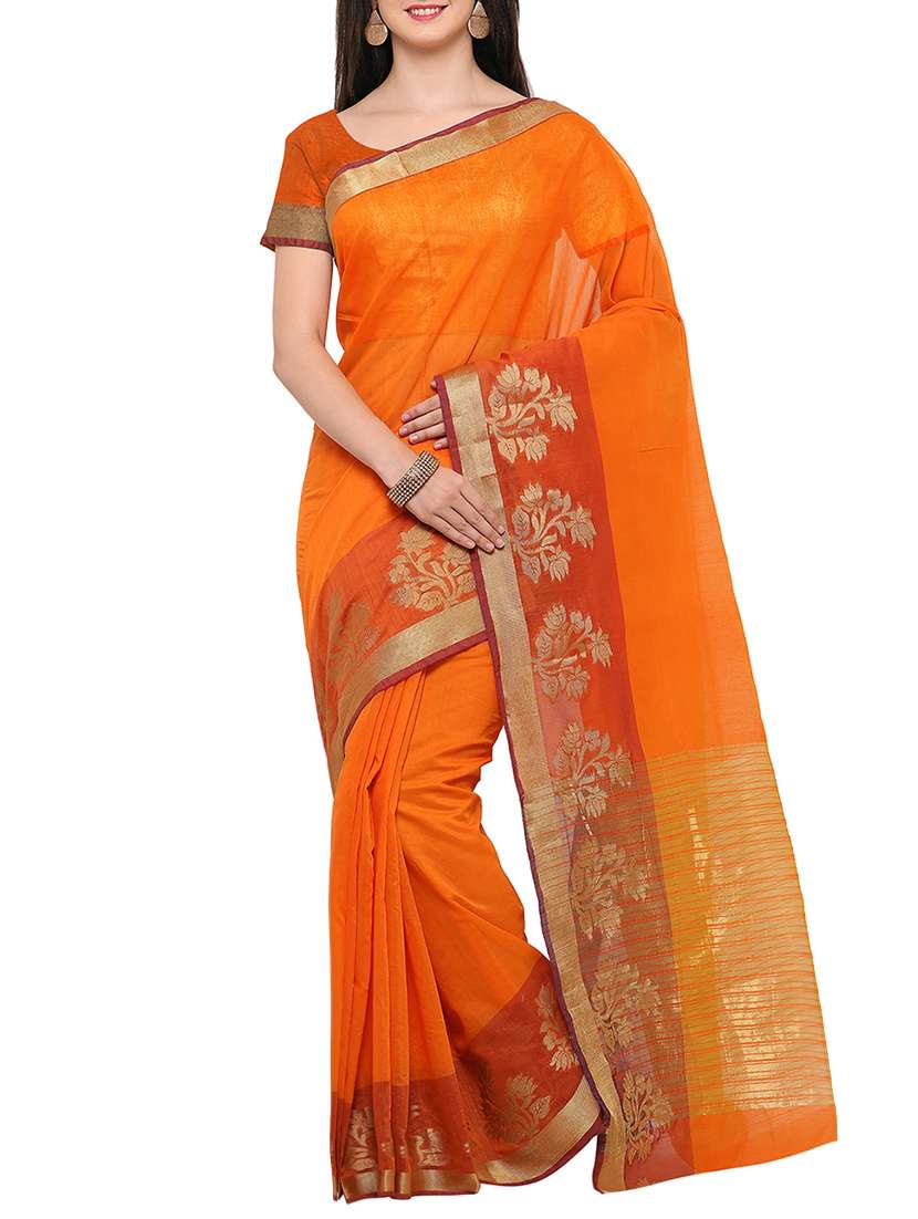 orange silk embroidered saree with blouse