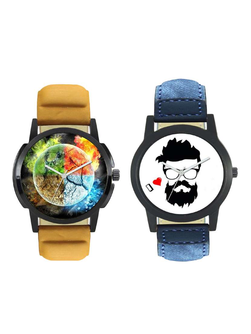 round analog dial leatherette strap watch combo