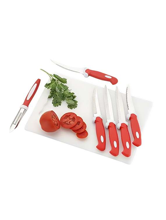 jen 7-pcs cutting utility combo of cutting board and red knives