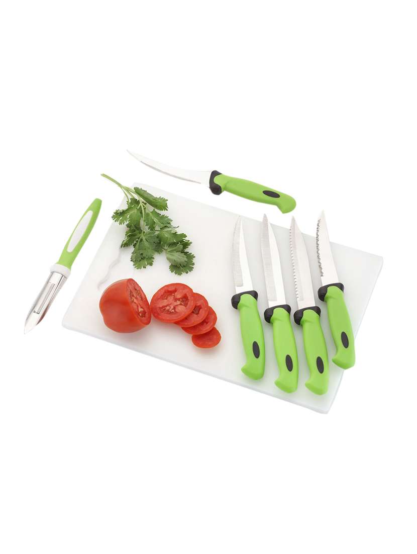 jen 7-pcs cutting utility combo of cutting board and green knives