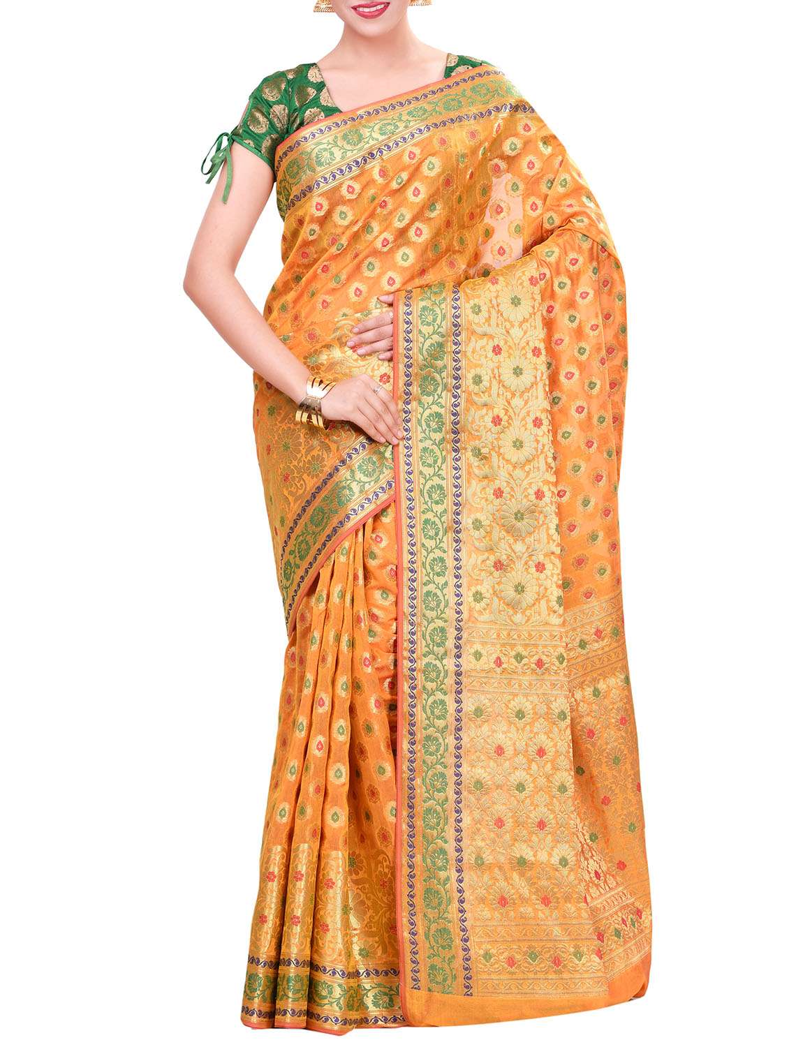 gold cotton blend banarasi saree with blouse