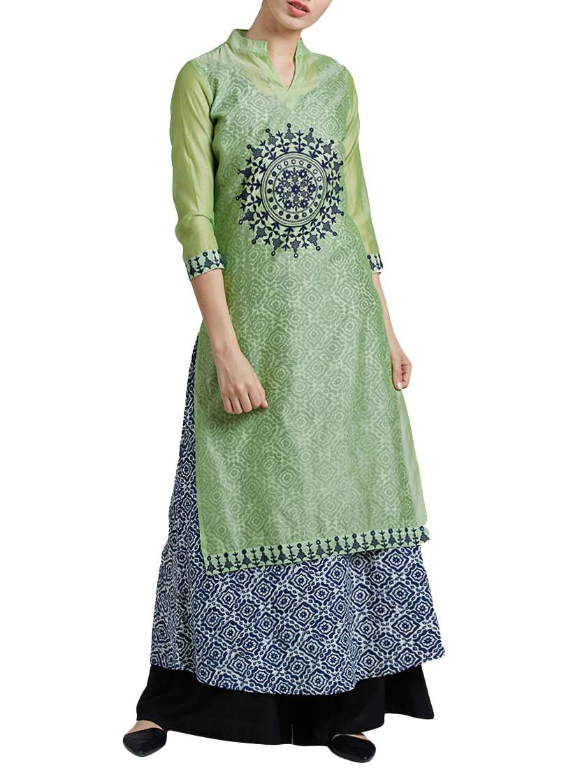 green silk layered kurta