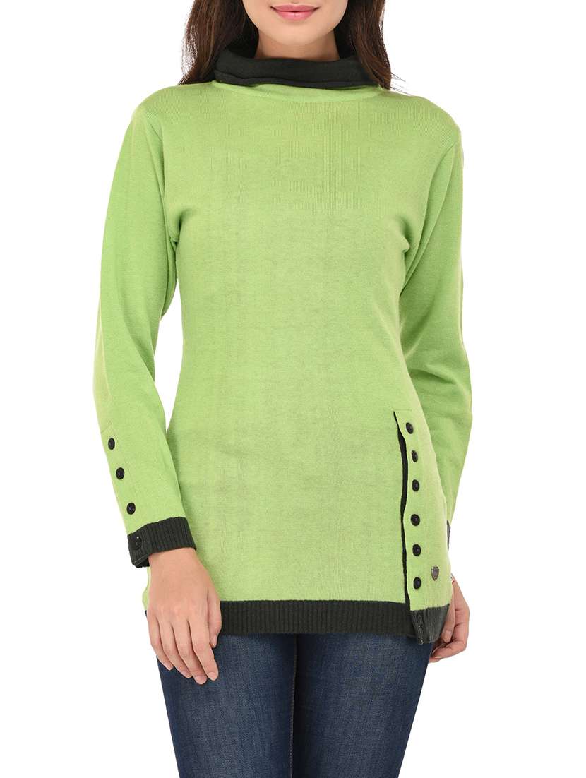green woollen roll up collar pullover