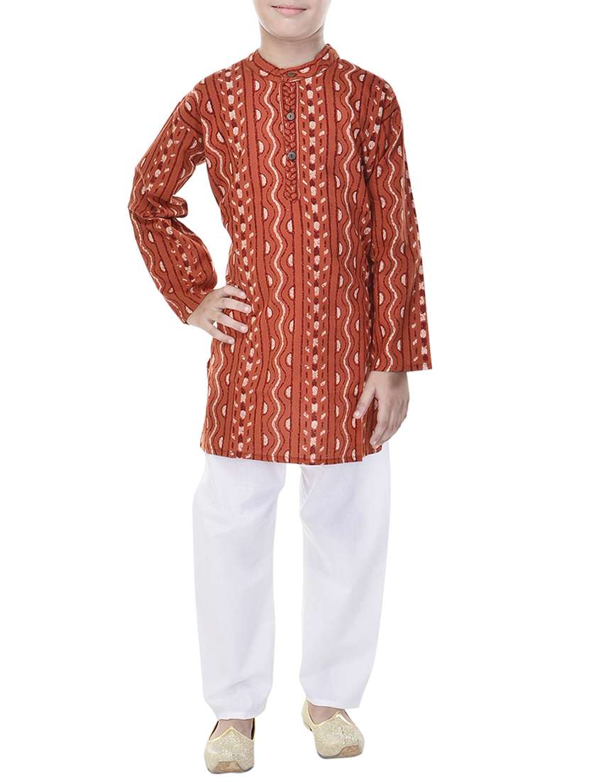 orange and white cotton kurta set