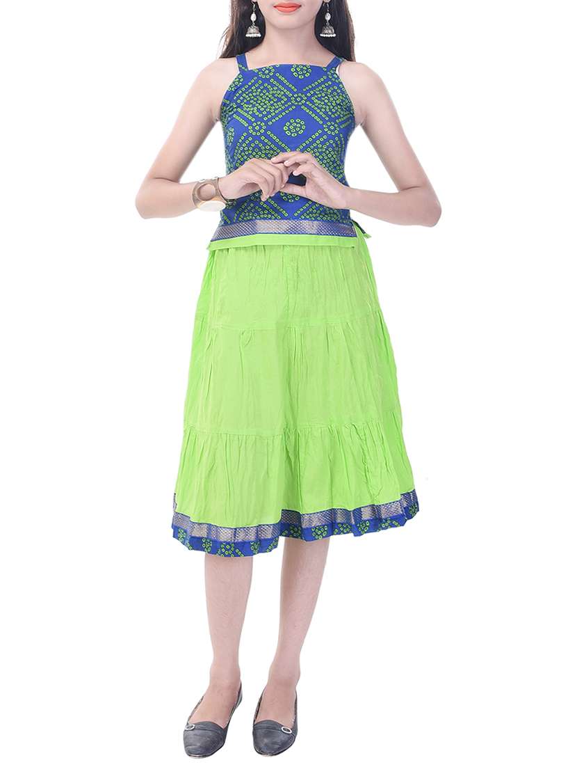 green and blue cotton skirt set