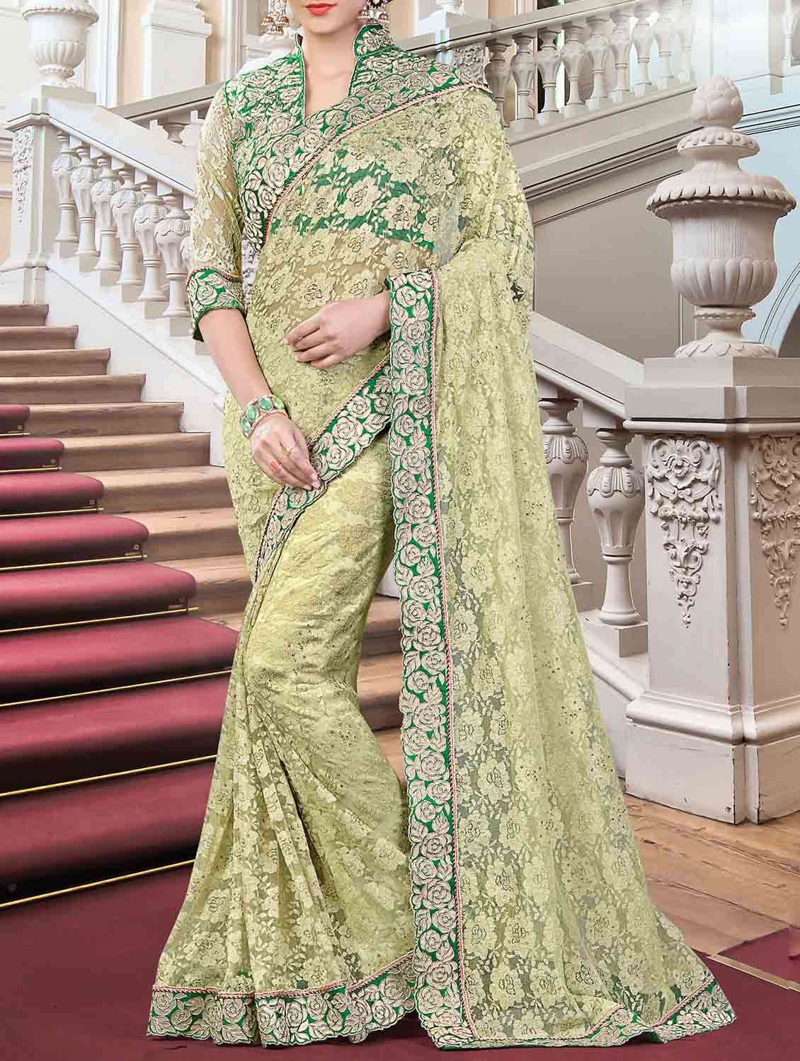 green tissuenet embroidered saree with blouse